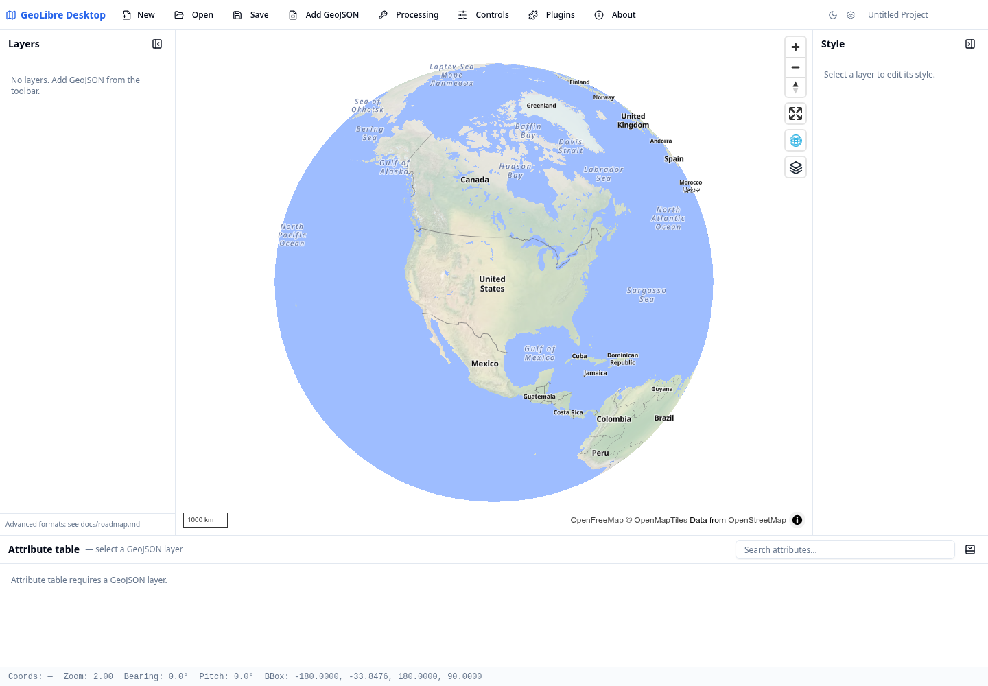 GeoLibre map interface showing the desktop GIS workspace